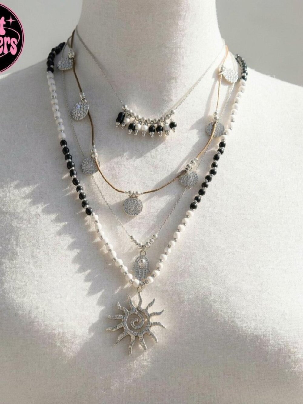 2 pcs set Multi layered silver and black beaded necklace with sun charm